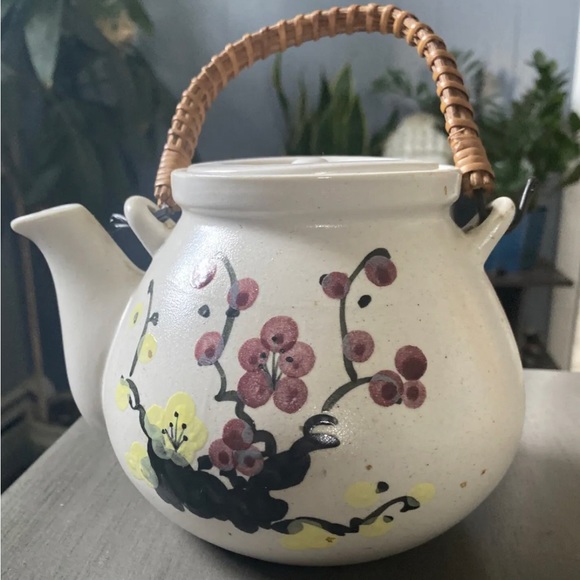 Kitchen Vintage Hand Painted Teapot Wicker Handle Flowers Poshmark